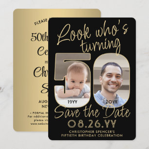 Schau mal, wer 50 ist Schwarz & Gold 2 Foto Geburt Save The Date