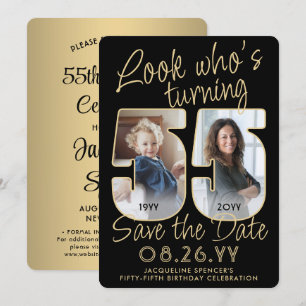 Schau mal, wer 55 ist Schwarz & Gold 2 Foto Geburt Save The Date