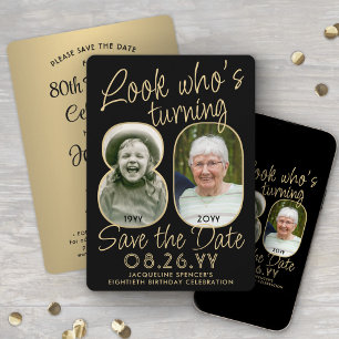 Schau mal, wer 80 ist Schwarz & Gold 2 Foto-Geburt Save The Date