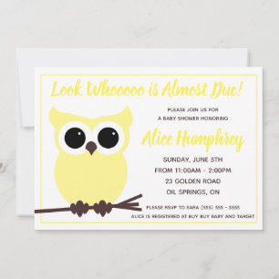 Schau, wer fast fällig ist! Yellow Owl Babydusche Einladung