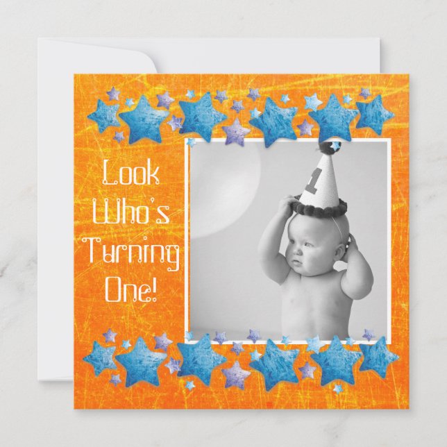 Schauen Sie, wer die 1. Geburtstagseinladung macht Einladung (Vorderseite)