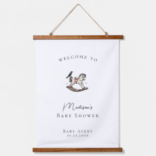 Schaukelpferd-Baby-Shower-Willkommenshintergrund Wandteppich Mit Holzrahmen