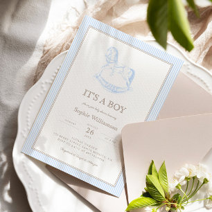 Schaukelpferd Blau Toile De Jouy Baby Shower  Einladung