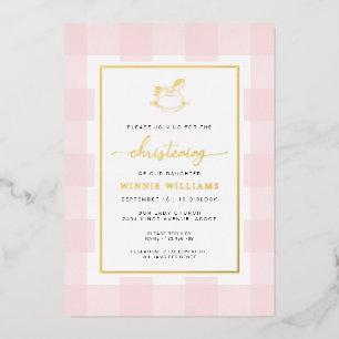 Schaukelpferd Rosa Gingham Taufe Folien-Einladung Folieneinladung