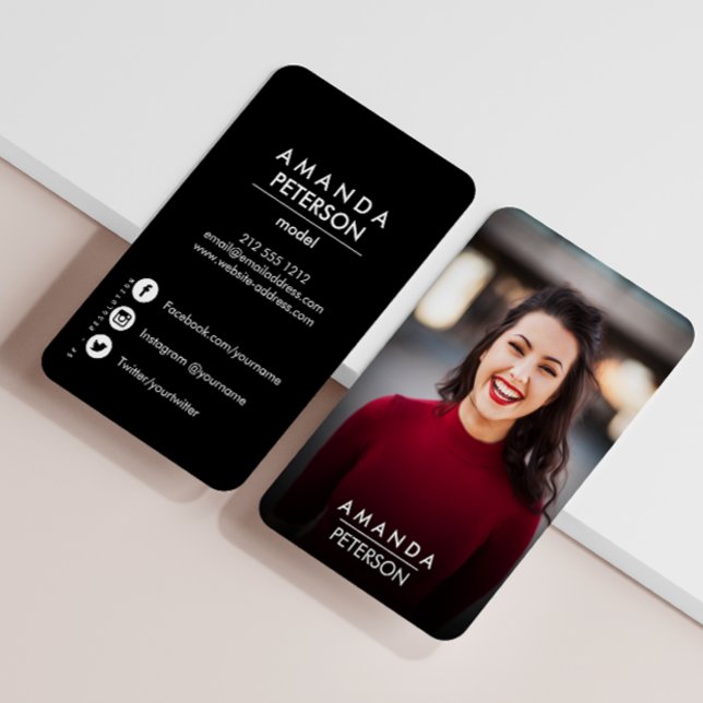 Schauspieler Models Dancer Foto Social Media Icons Visitenkarte (tunning Vertical Photo Business Card: Full Frame Portrait with Contact & Social Info)