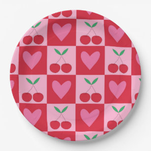 Scheckige Kirschen mit rosa Herzen Muster Pappteller