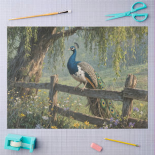 Scheckiger Pfau auf einem Zaun aus geteilten Schie Seidenpapier
