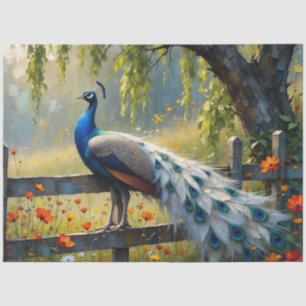 Scheckiger Pfau auf einem Zaun aus geteilten Schie Seidenpapier
