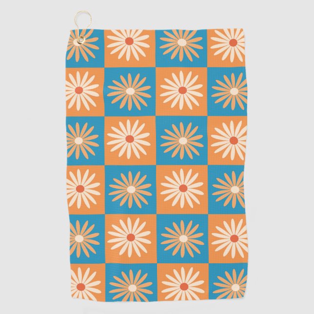 Scheckte Retro-Blume auf blau und orange Golfhandtuch (Vorderseite)