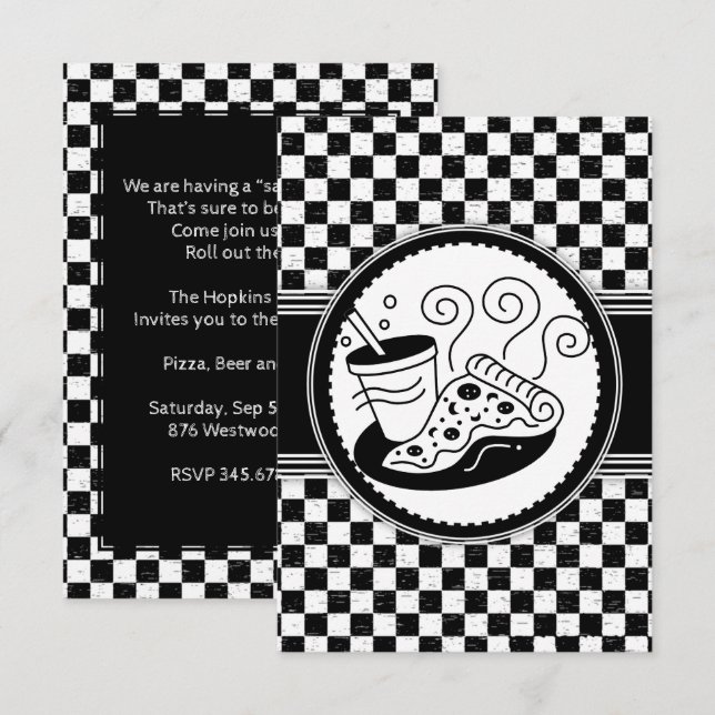 Schecktes Pizza-Party-Schwarz-Weiß-Muster Einladung (Vorne/Hinten)