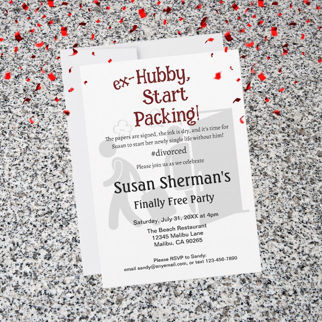 Scheidung Party endlich Frei Funny Red Einladung (Host a divorce party with this cute and funny "ex-Hubby, Start Packing!" theme to help her celebrate)
