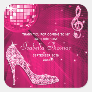 Schein-Heels-danken rosa Disco-Ball-Geburtstag Quadratischer Aufkleber