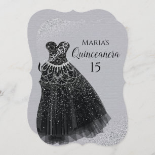 Schein-Kleiderschwarz-Silber Quinceañera Einladung