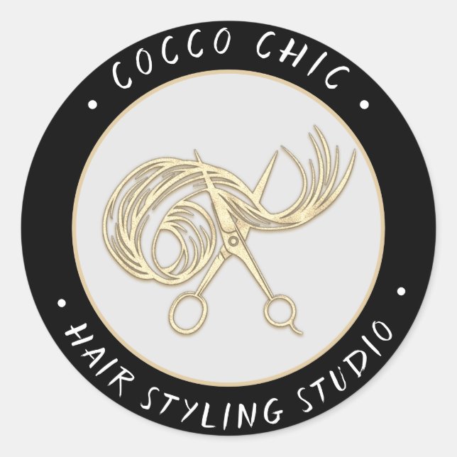 Schere Haar Logo Name Danke Gold Black Runder Aufkleber (Vorderseite)