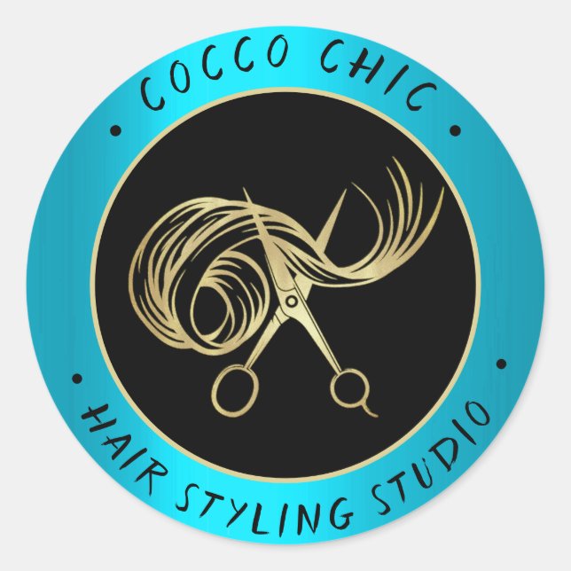 Schere Haar Logo Name Danke Gold Blue Runder Aufkleber (Vorderseite)