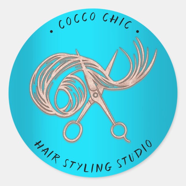 Schere Haar Logo Name Danke Rose Blue Runder Aufkleber (Vorderseite)