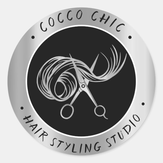 Schere Haar Logo Name Danke Silver Gray Runder Aufkleber (Vorderseite)
