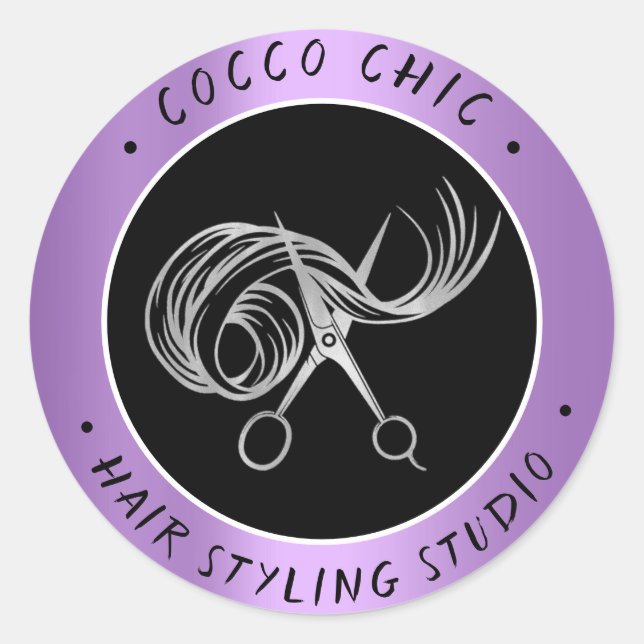 Schere Haar Logo Name Danke Silver Lila Runder Aufkleber (Vorderseite)