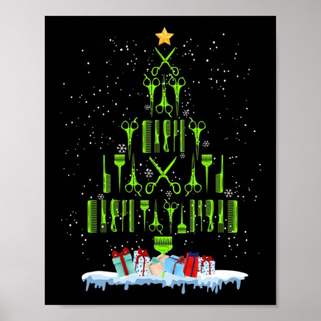 Schere Haar Weihnachtsbaum Lustiger Friseur Xma Poster (Vorne)