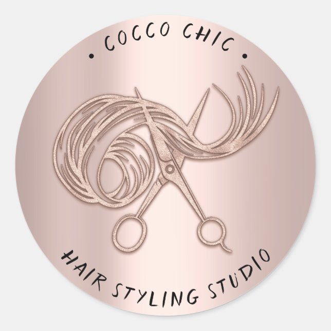 Schere Haare Logo Name Danke Rose Blush Runder Aufkleber (Vorderseite)