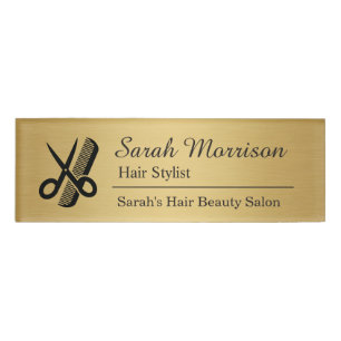 Schere-Kamm-Haar-Stylist-Salon gebürstetes Gold Namenschild