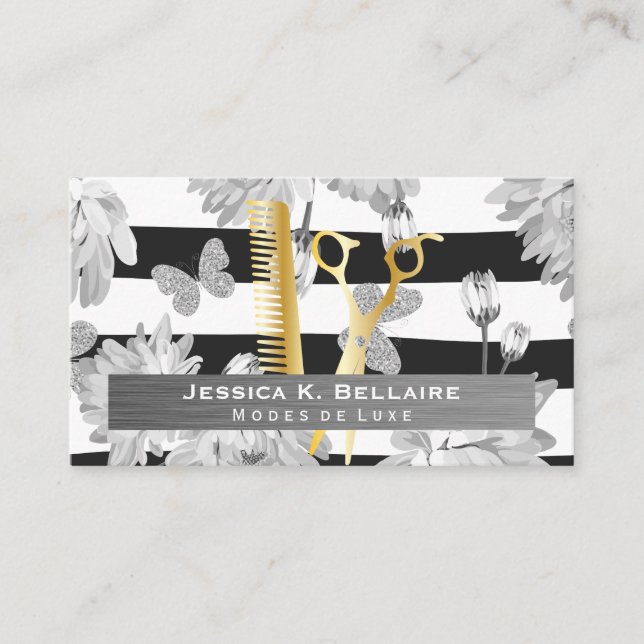 Schere | Metall gebürstet | Blume Schmetterlinge Terminkarte (Vorderseite)