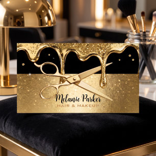 Schere mit schwarzem und goldenem Glitter-Tropfen Visitenkarte