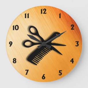 Schere und Kamm Orange Rost Große Wanduhr