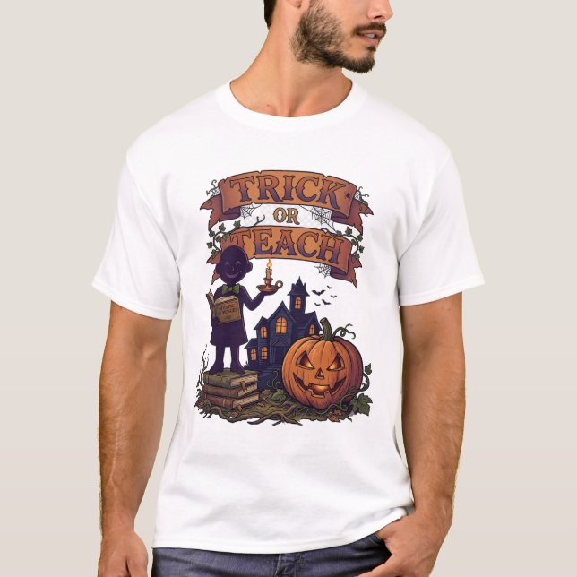 Scherz oder Lehre Schattenfigur Kürbis Spukhaus T-Shirt (Vorderseite)