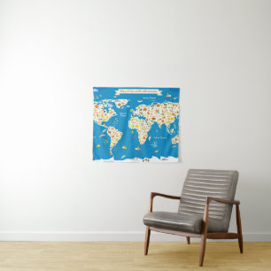 Scherzt Karte der Welt mit Tieren Wandteppich