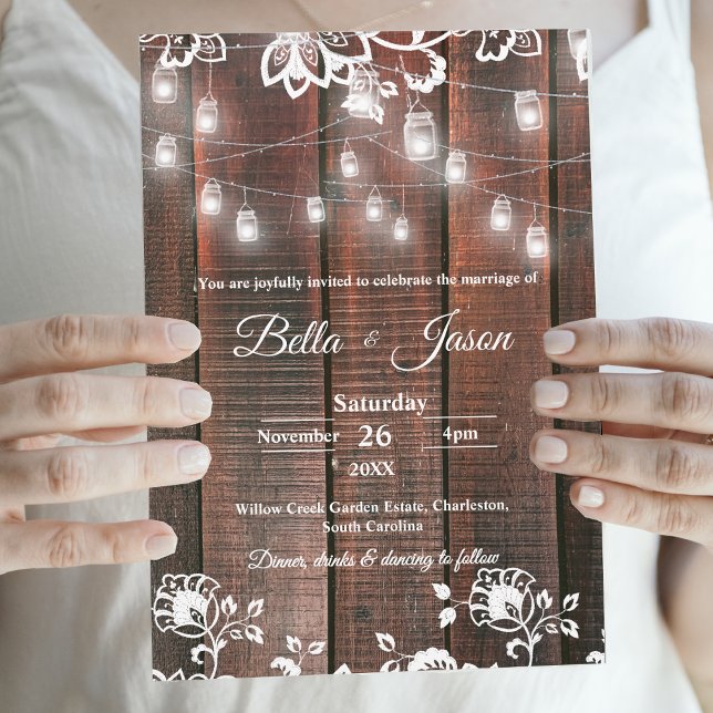 Scheunen-Lichterkette Rustikale Holz-String-Lichte Einladung (Rustic Wood String Lights Wedding Invitation | Barn Lace Wood Country Wedding Invite)