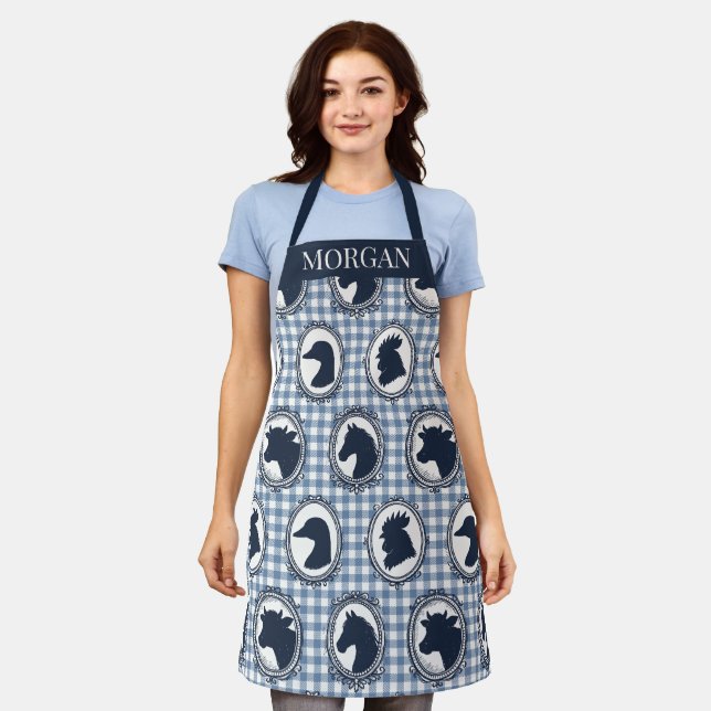 Scheunenhof-Landhausküche Gingham - Navy & Blau Schürze (Getragen)