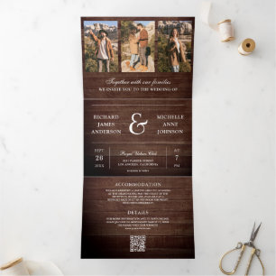 Scheunenholz-Minimal-Foto-Collage-QR-Code-Hochzeit Dreifach Gefaltete Einladung
