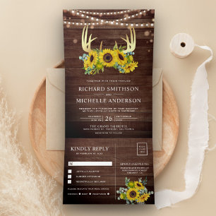 Scheunenholz-Sonnenblumen Florales Gold Geweih Hoc Dreifach Gefaltete Einladung