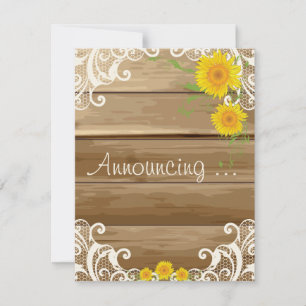 Scheunenholz-Sonnenblumen und Vintage-Spitze Verlo Ankündigung