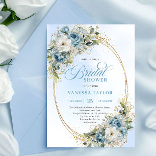 Schick Boho Staubblau Grünzeug Florales Brautbad Einladung