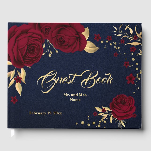 schick bordeauxfarbene Blätter aus geblümtem Gold  Gästebuch (Vorderseite)