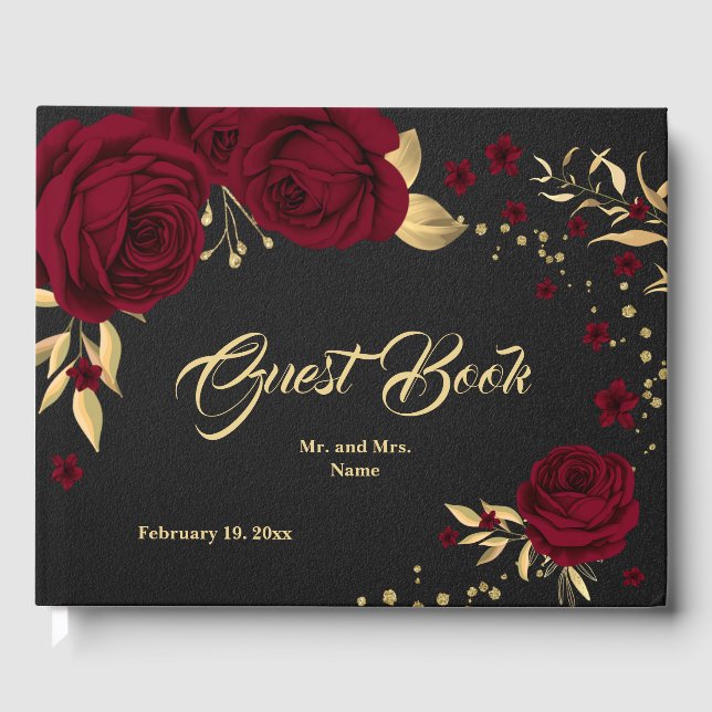schick bordeauxfarbenes Gold Blätter schwarzes Gäs Gästebuch (Vorderseite)