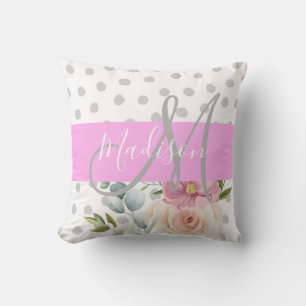 Schick & Girly Floral Weiß Pink Grau Monogramm Nam Kissen