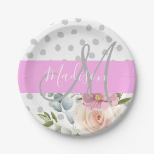 Schick & Girly Floral Weiß Pink Grau Monogramm Nam Pappteller