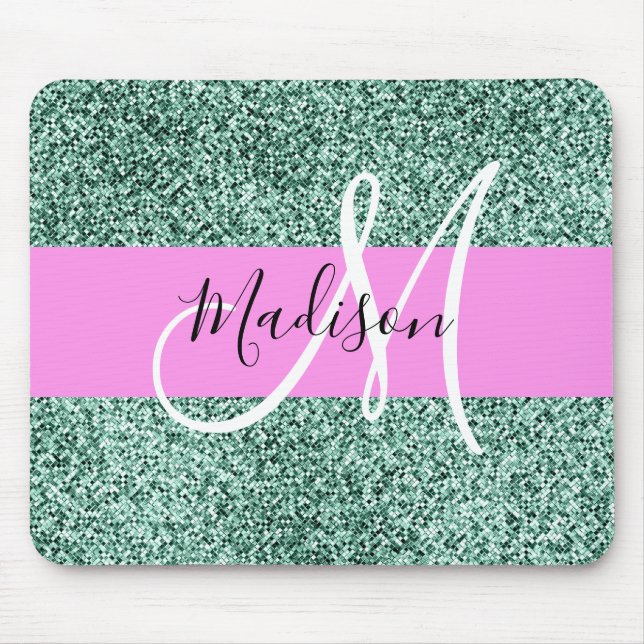 Schick Glam Rosa Grün Glitter Funkeln Monogramm Mousepad (Vorne)