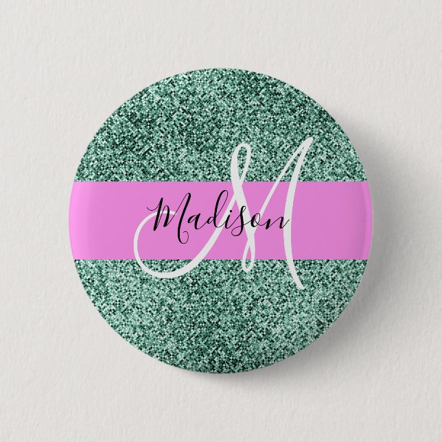 Schick Glam Rosa Grün Glitter Funkeln Name Monogra Button (Vorderseite)