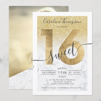 Schick Goldfolie Glitzer Marmor Sweet 16 Foto Einladung