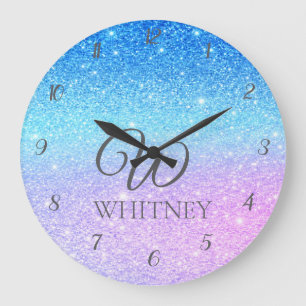 Schick Lila Ombre Blau Glitter Modern Große Wanduhr