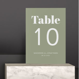 Schick minimalistische salbeigrüne Hochzeitstisch- Tischnummer