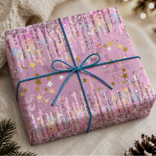 Schick Rosa Damast tropfendes Einhorn Glitter Geschenkpapier