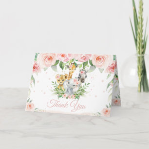Schick Rosa Florale Babyparty mit Dschungeltieren Dankeskarte
