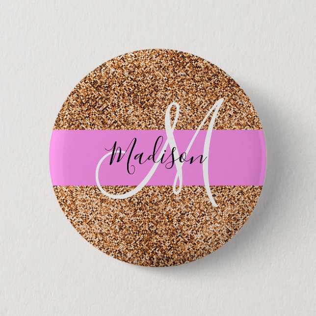 Schick Rosa & Kürbis Glitter Funkeln Monogramm Nam Button (Vorderseite)