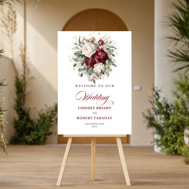 Schick Rustikal Burgund Floral Eukalyptus Willkomm Poster (Chic Rustic Burgundy Floral Eucalyptus Welcome Poster)