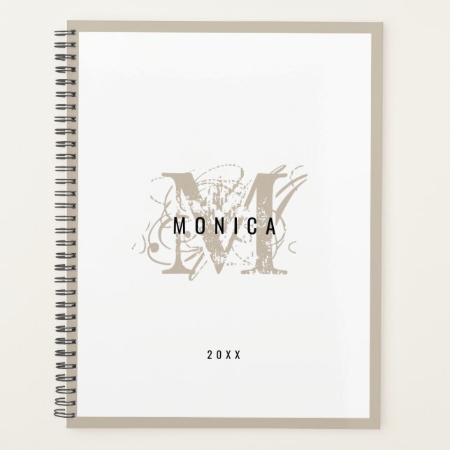 Schick-rustikale moderne beige Monogramm-Schule Bü Planer (Vorderseite)